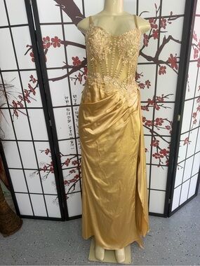 Strapless Gold Embroidered Maxi Dress